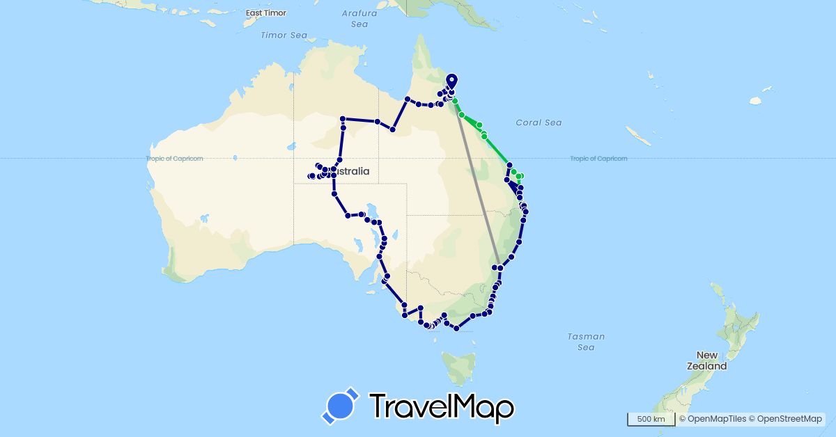 TravelMap itinerary: driving, bus, plane in Australia (Oceania)